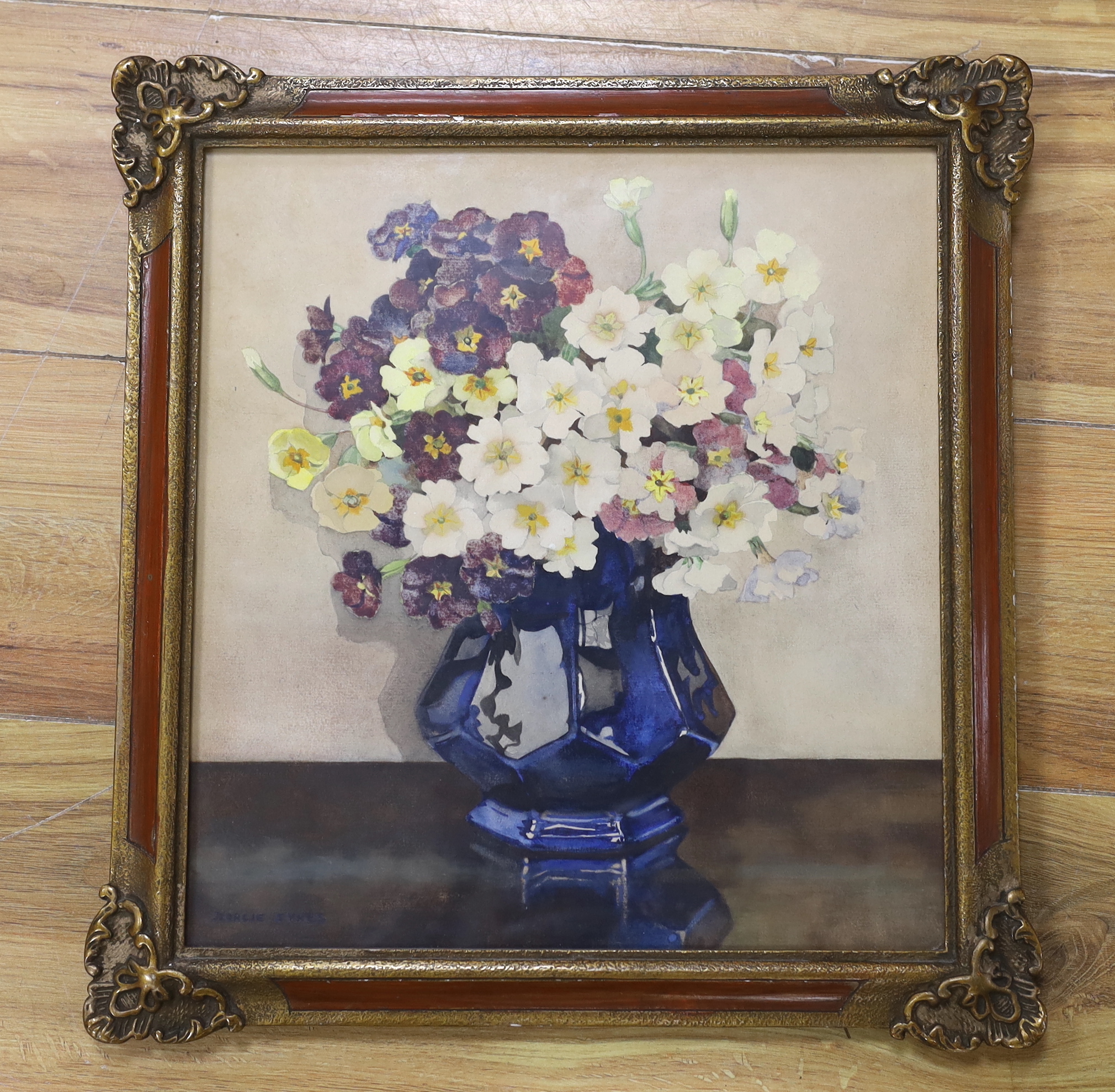 Dorcie Sykes (1908-1998), watercolour, Still life of flowers in a vase, signed, Harrods Ltd. label verso, 34 x 31cm